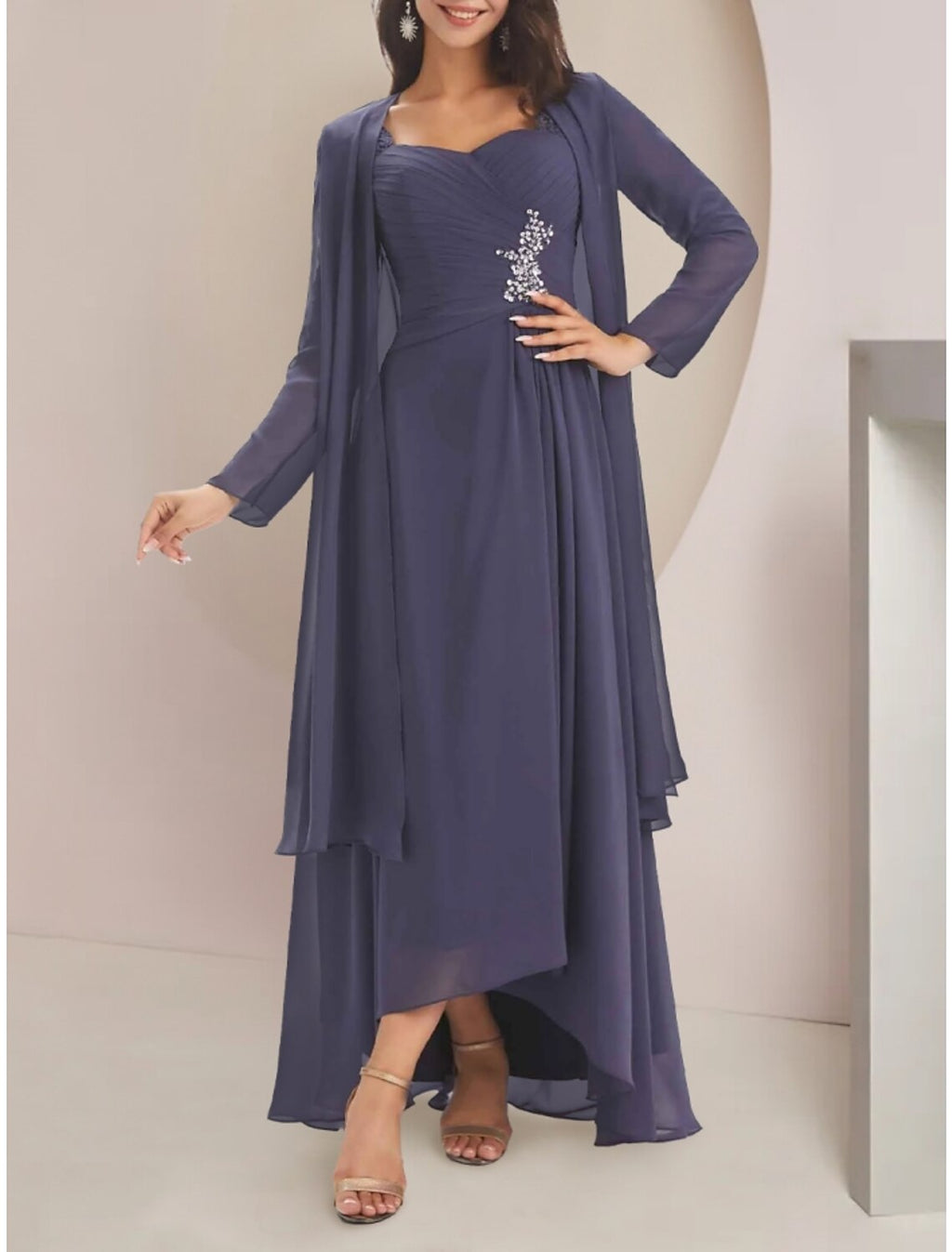 Two Piece A-Line Mother of the Bride Dress Wedding Guest Elegant Sweetheart Asymmetrical Ankle Length Long Sleeve with Crystal Brooch Ruching Solid Color