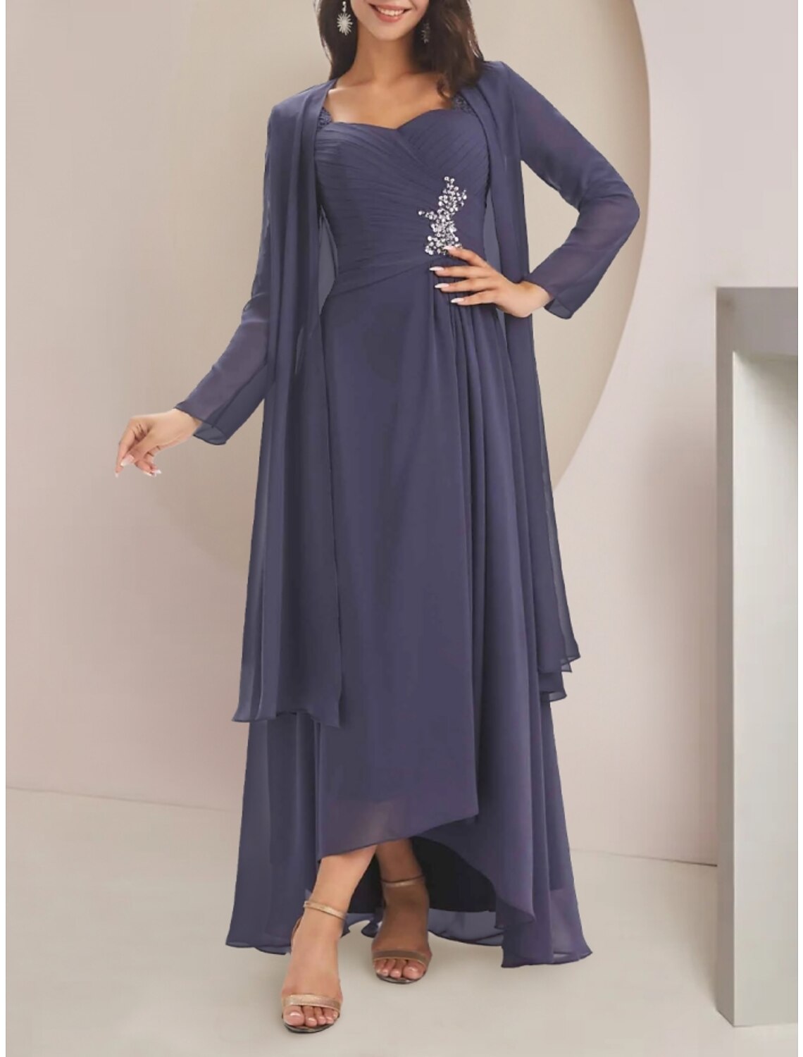 Two Piece A-Line Mother of the Bride Dress Wedding Guest Elegant Sweetheart Asymmetrical Ankle Length Long Sleeve with Crystal Brooch Ruching Solid Color