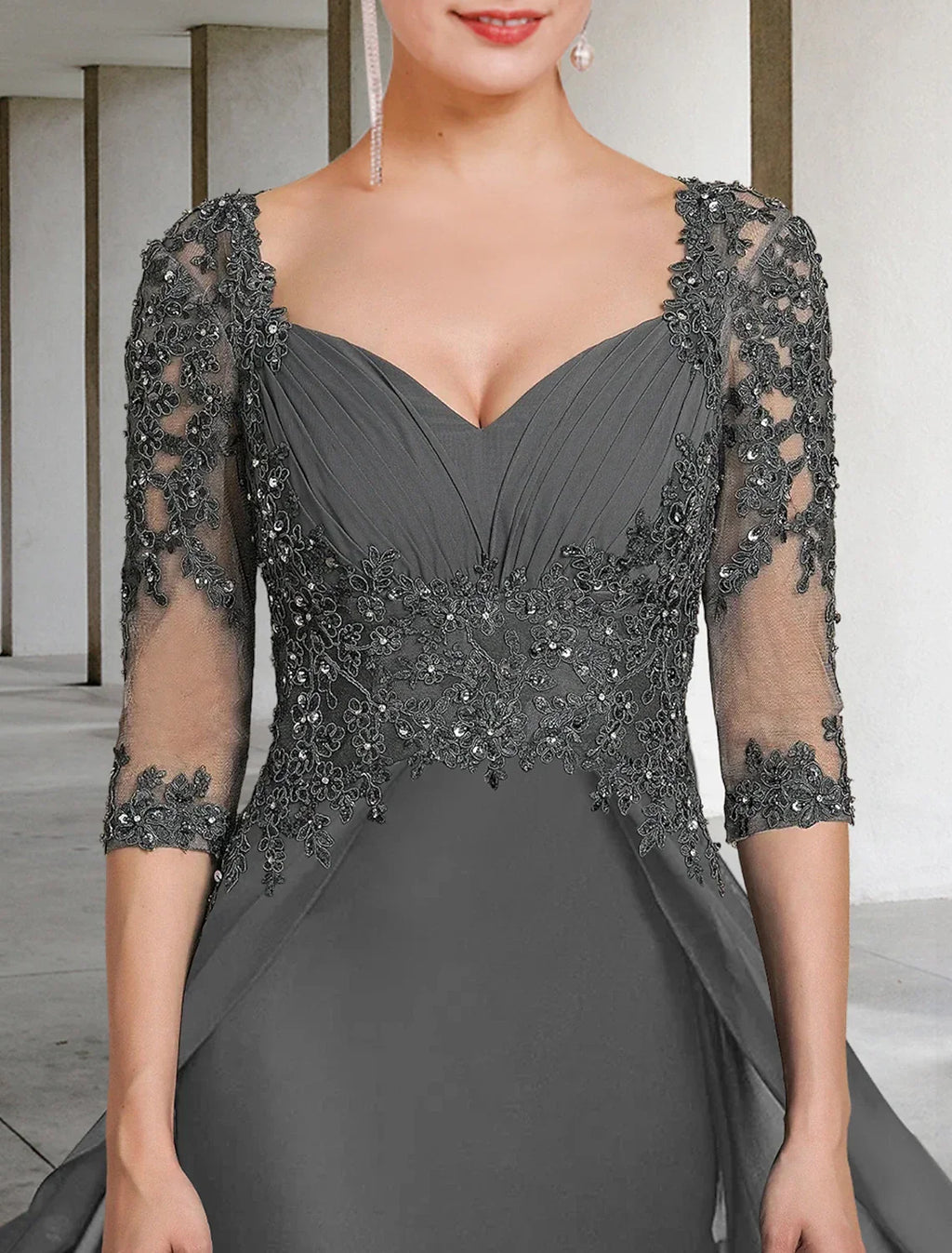 Sheath / Column Mother of the Bride Dress Formal Wedding Guest Party Elegant Square Neck Floor Length 3/4 Length Sleeve with Appliques Ruching