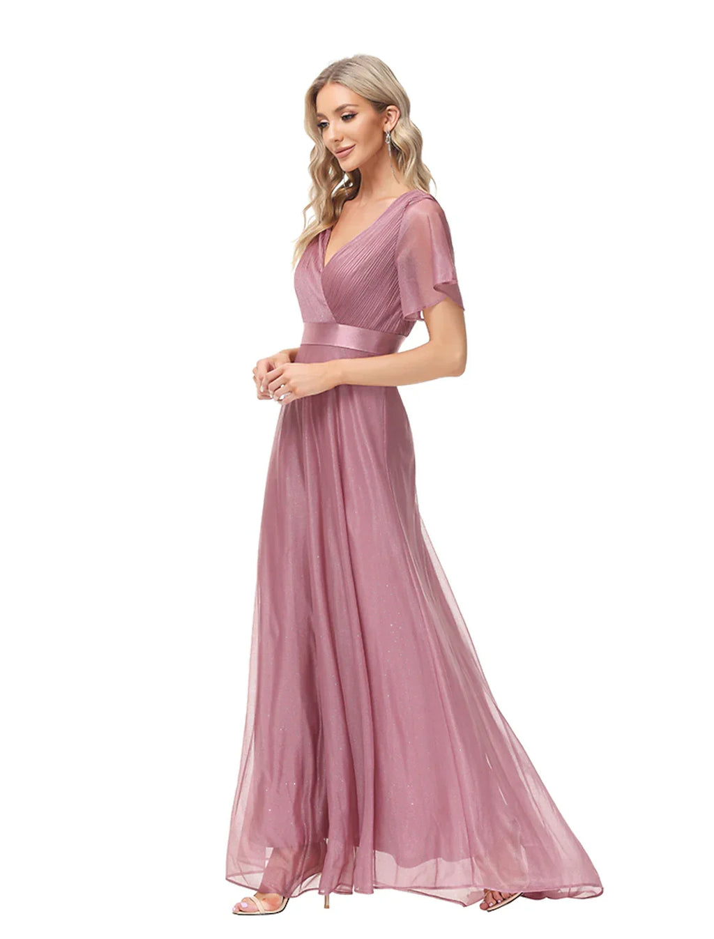 Evening Gown Dress Wedding Floor Length Short Sleeve V Neck with Ruched Ruffles