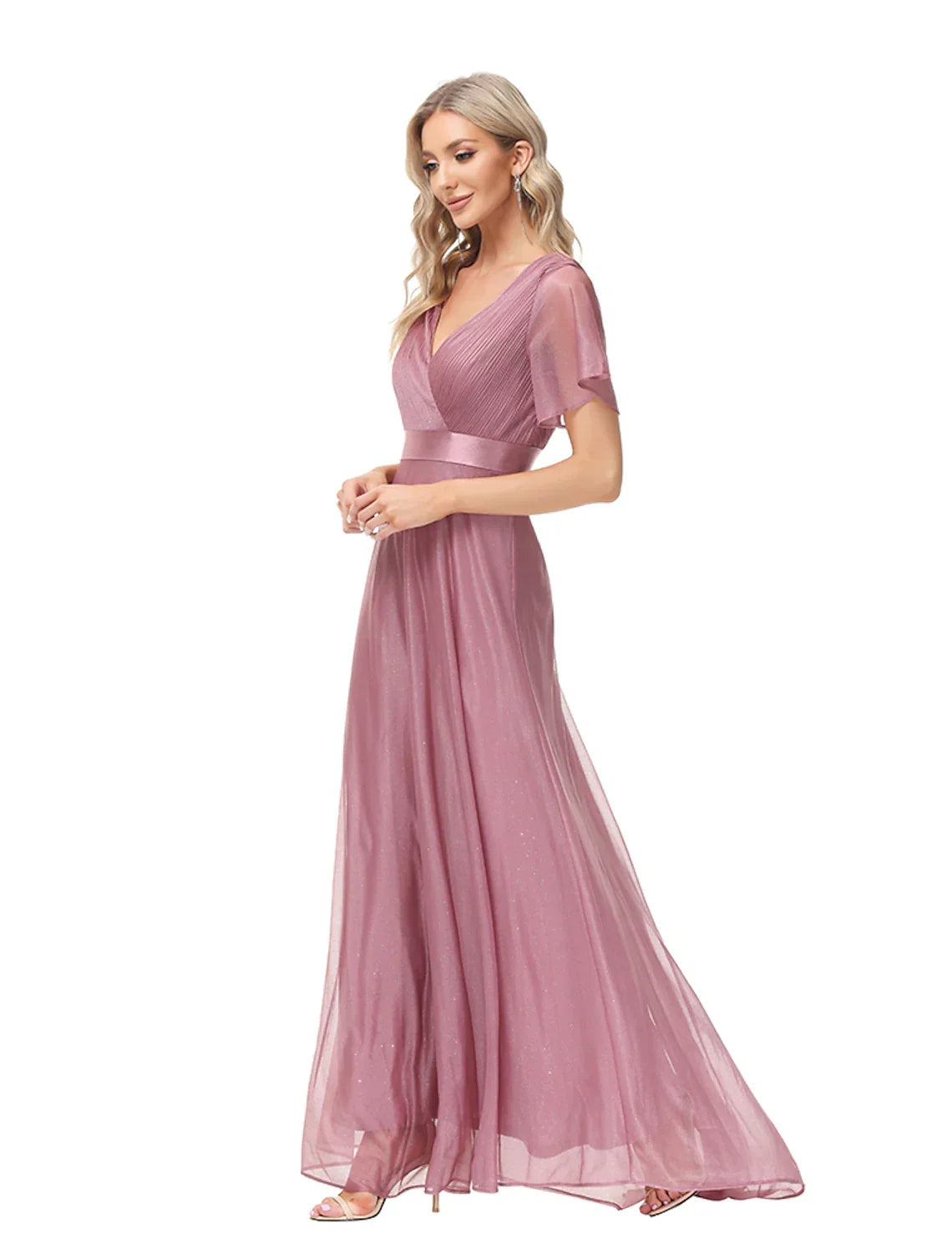 Evening Gown Dress Wedding Floor Length Short Sleeve V Neck with Ruched Ruffles