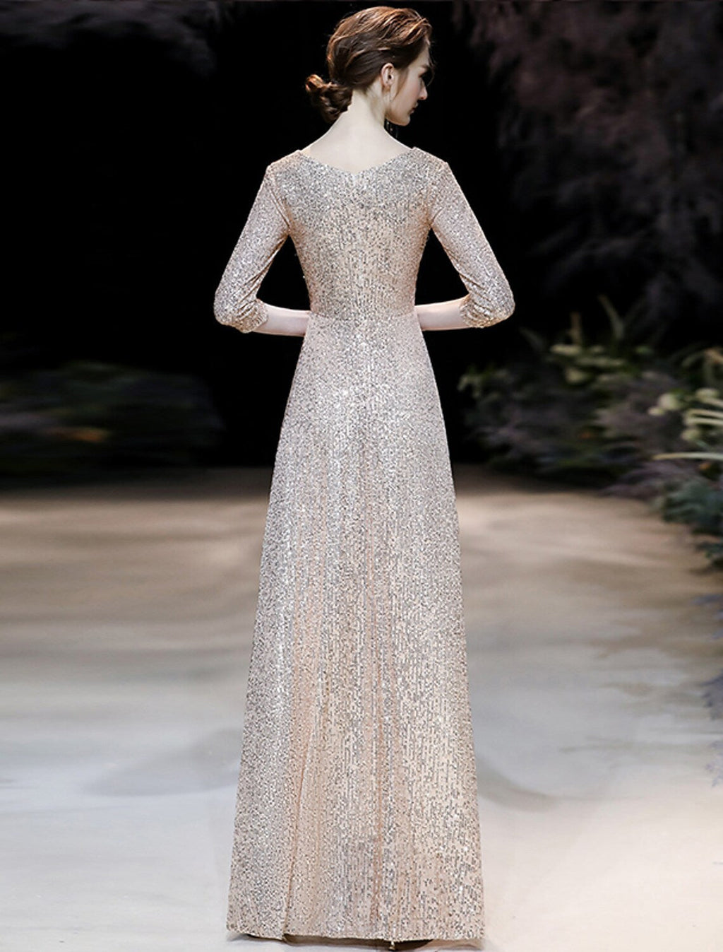 Sparkle Dress Engagement Floor Length Sleeve V Neck with Pleats