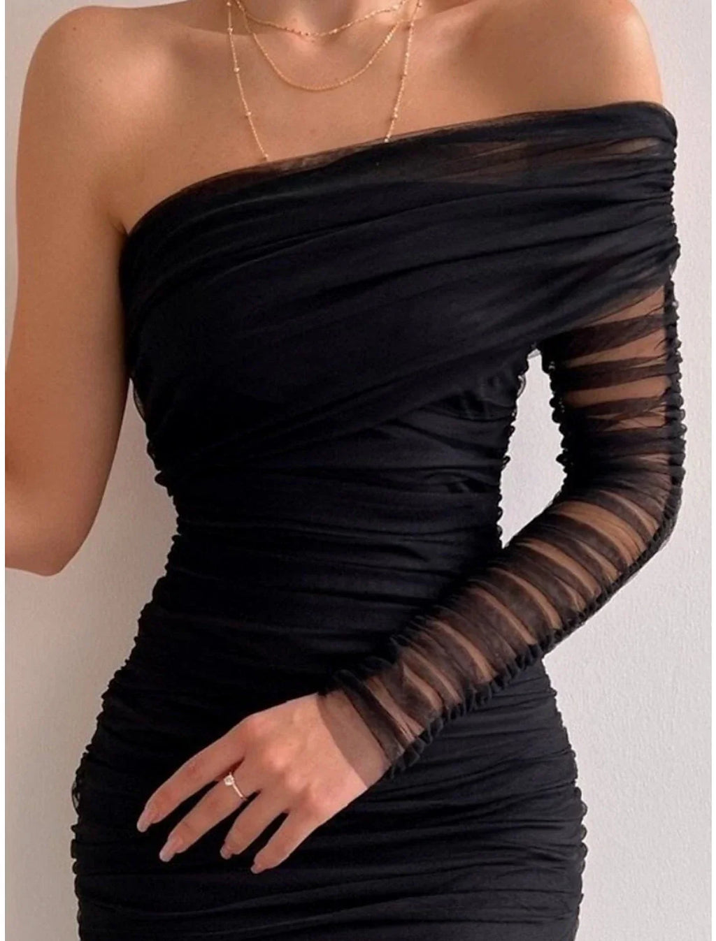 Sheath / Column Evening Gown Sexy Dress Formal Knee Length Long Sleeve One Shoulder with Ruched Slit
