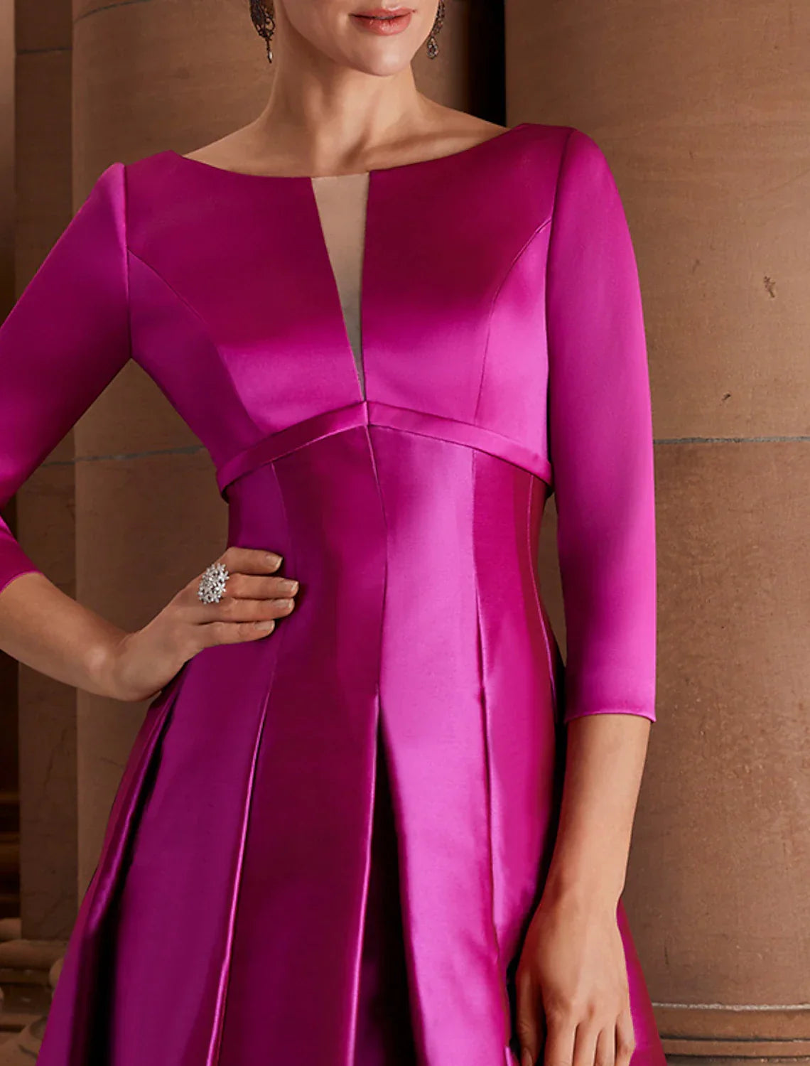 Green Cocktail Dresses Minimalist Dress Christmas Red Dress Wedding Guest Tea Length 3/4 Length Sleeve Jewel Neck Fall Wedding Guest with Pleats