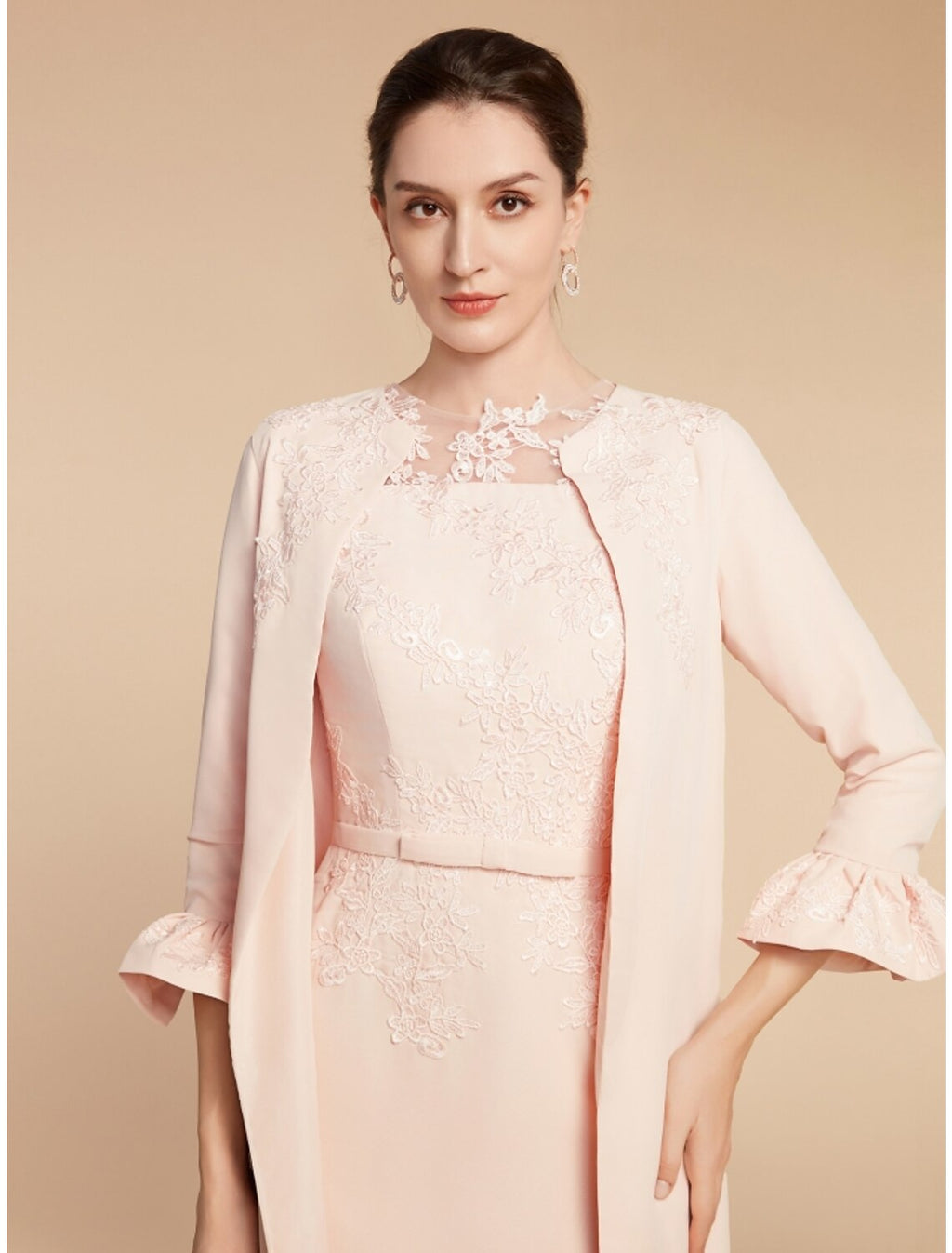 Two Piece A-Line Mother of the Bride Dress Wedding Guest Elegant Petite Jewel Neck Short / Mini Fabric 3/4 Length Sleeve with Bow(s) Ruffles Solid Color