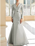 Mermaid / Trumpet Mother of the Bride Dress Wedding Guest Elegant V Neck Floor Length Long Sleeve with Bow(s) Ruching