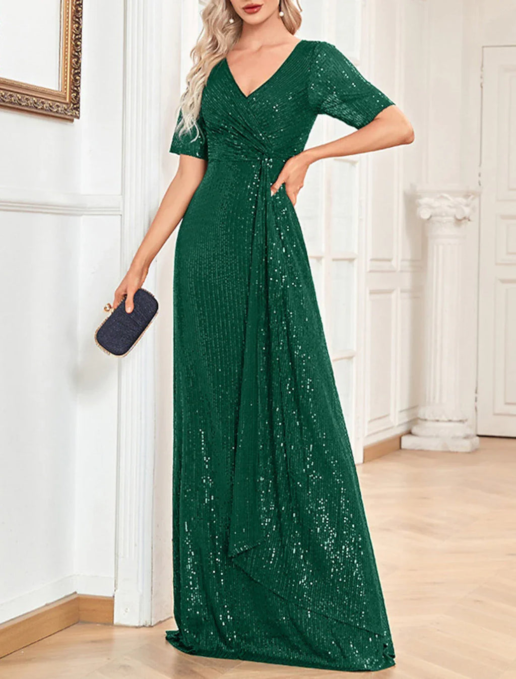 Party Dresses Sparkle & Shine Dress Formal Wedding Guest Floor Length Short Sleeve V Neck
