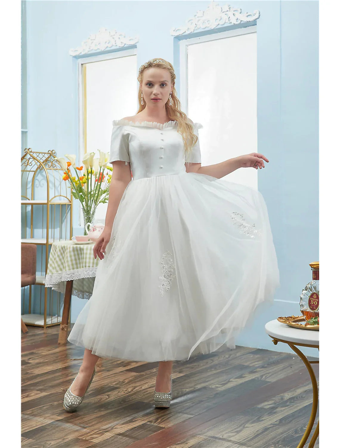 Cocktail Dresses Plus Size Dress hort Sleeve Off Shoulder with Buttons