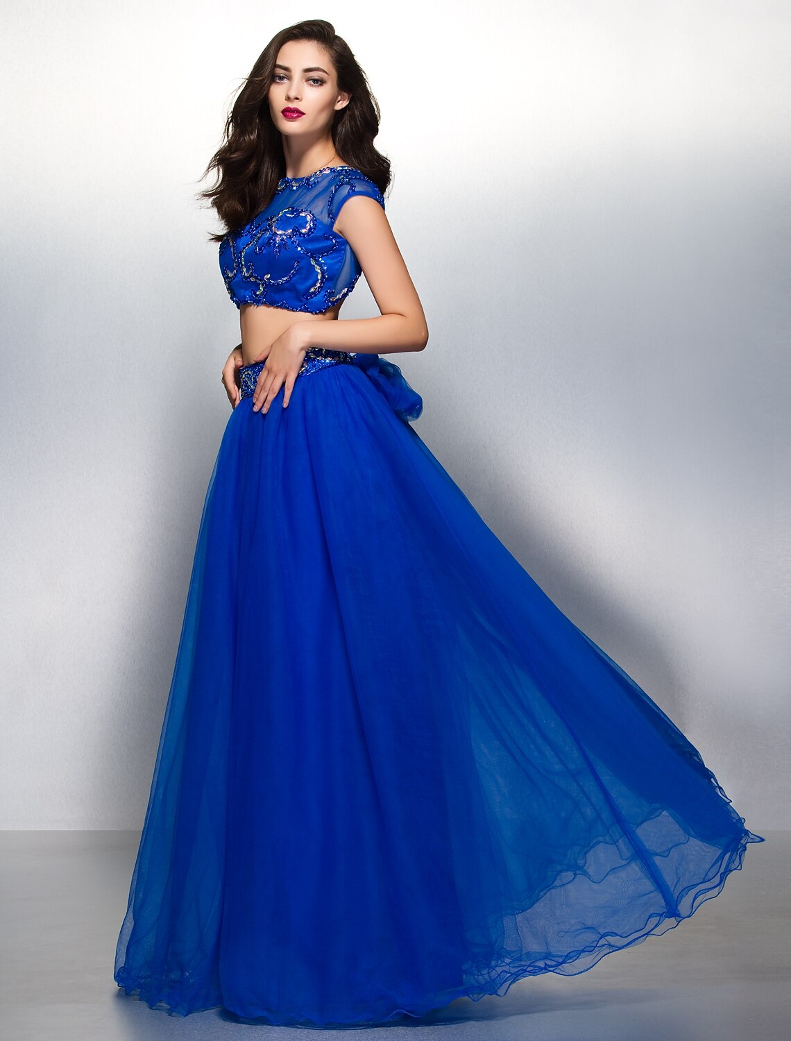 Two Piece A-Line Beautiful Back Two Piece Prom Formal Evening Dress Illusion Neck Short Sleeve Floor Length with Beading Appliques