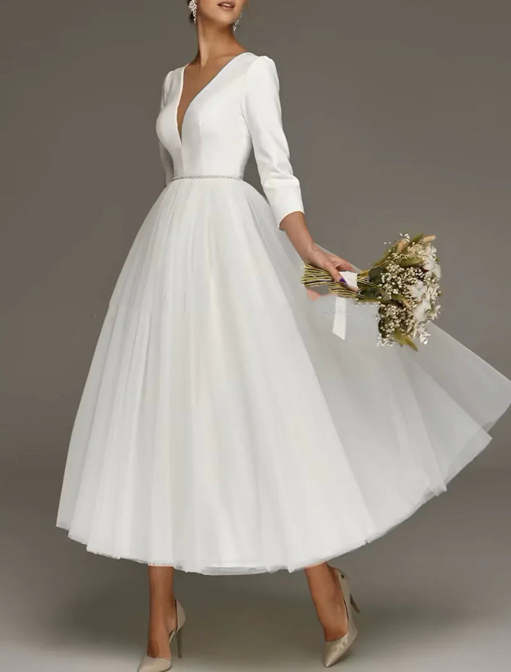 Bridal Shower Simple Wedding Dresses Wedding Dresses A-Line Off Shoulder Cap Sleeve Tea Length Bridal Gowns With Ruched Split Front