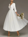 Bridal Shower Simple Wedding Dresses Wedding Dresses A-Line Off Shoulder Cap Sleeve Tea Length Bridal Gowns With Ruched Split Front