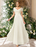 Beach Wedding Dresses Floor Length A-Line Short Sleeve V Neck With Pleats Appliques