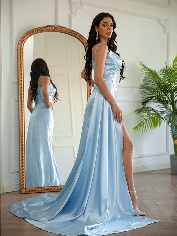 Sheath/Column Elastic Woven Ruched Spaghetti Straps Sleeveless Sweep/Brush Train Dresses