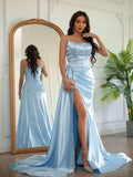 Sheath/Column Elastic Woven Ruched Spaghetti Straps Sleeveless Sweep/Brush Train Dresses