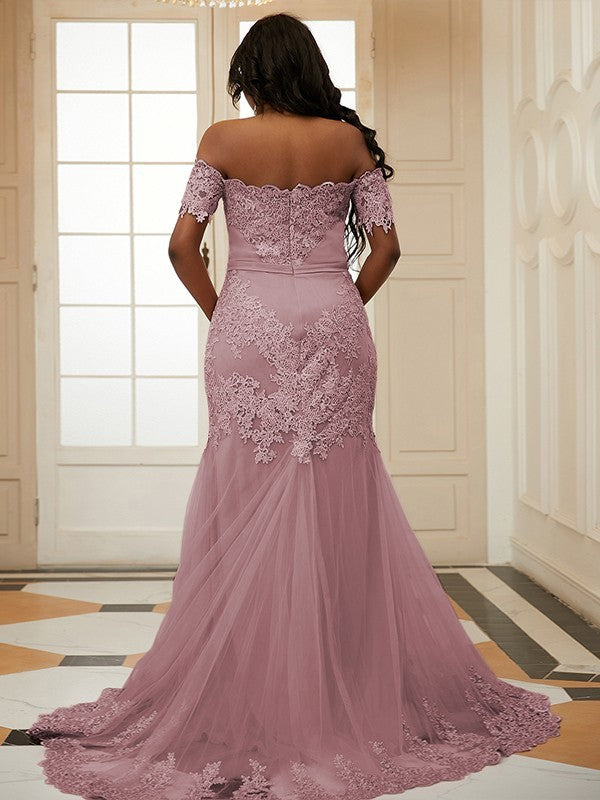 Sheath/Column Applique Off-the-Shoulder Sleeveless Sweep/Brush Train Dresses