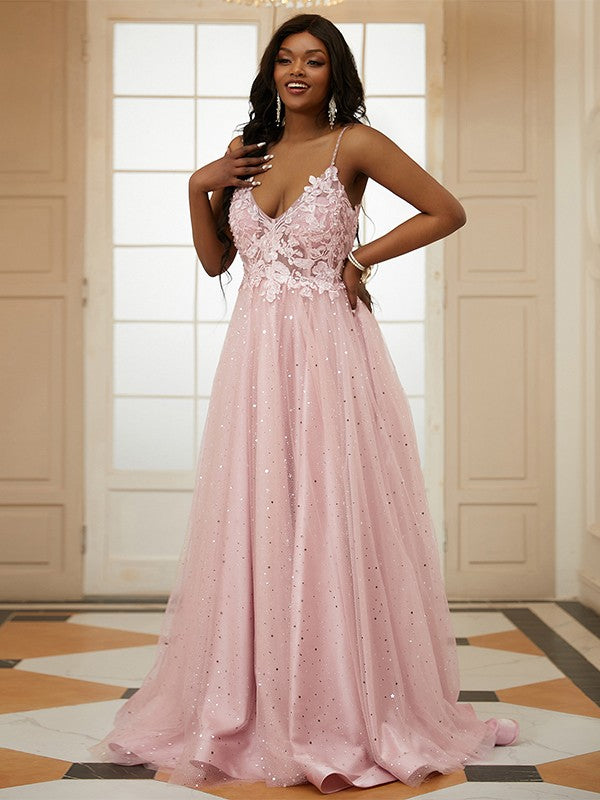 A-Line/Princess Applique V-neck Sleeveless Sweep/Brush Train Dresses