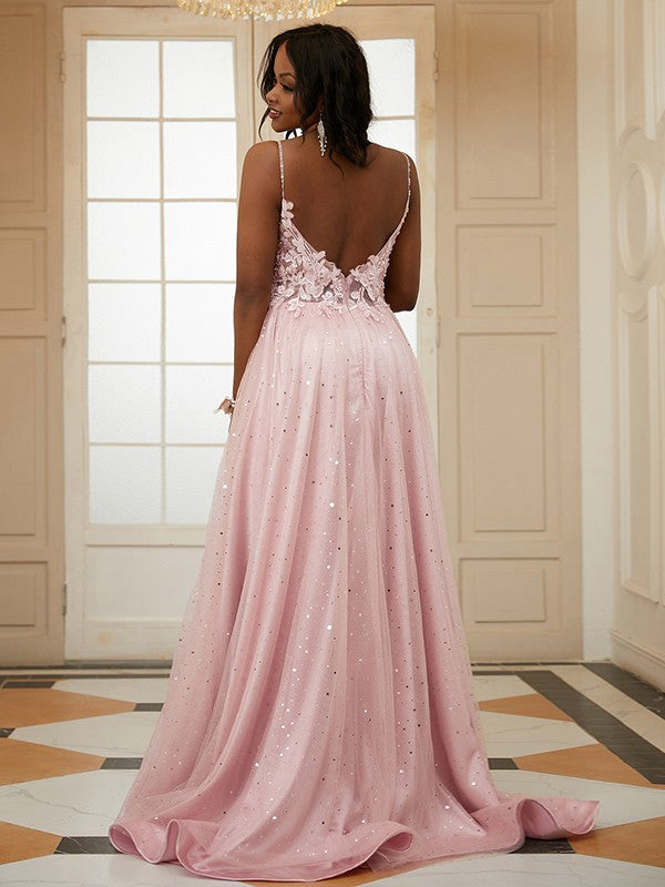 A-Line/Princess Applique V-neck Sleeveless Sweep/Brush Train Dresses