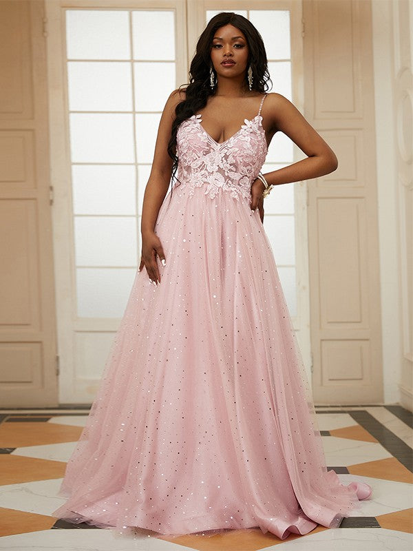 A-Line/Princess Applique V-neck Sleeveless Sweep/Brush Train Dresses