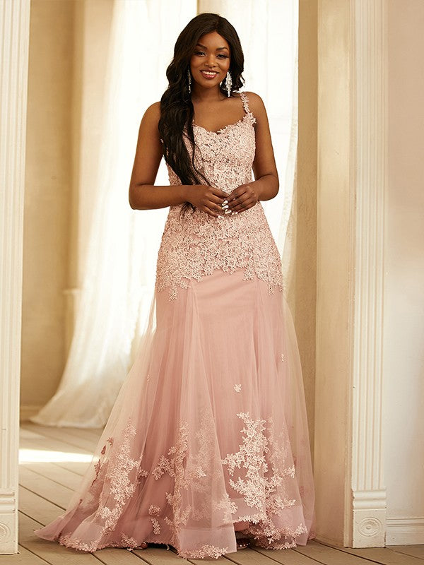 Sheath/Column Applique Straps Sleeveless Sweep/Brush Train Dresses