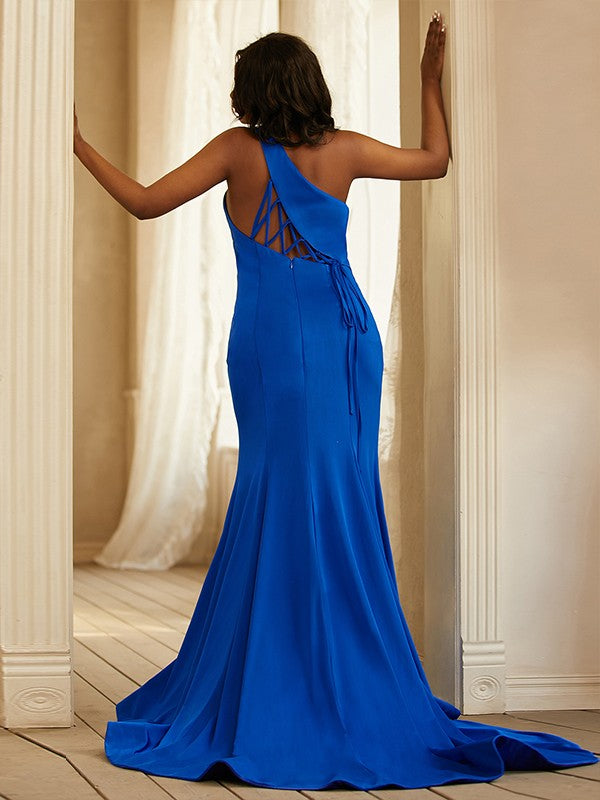 Sheath/Column Ruffles One-Shoulder Sleeveless Sweep/Brush Train Dresses