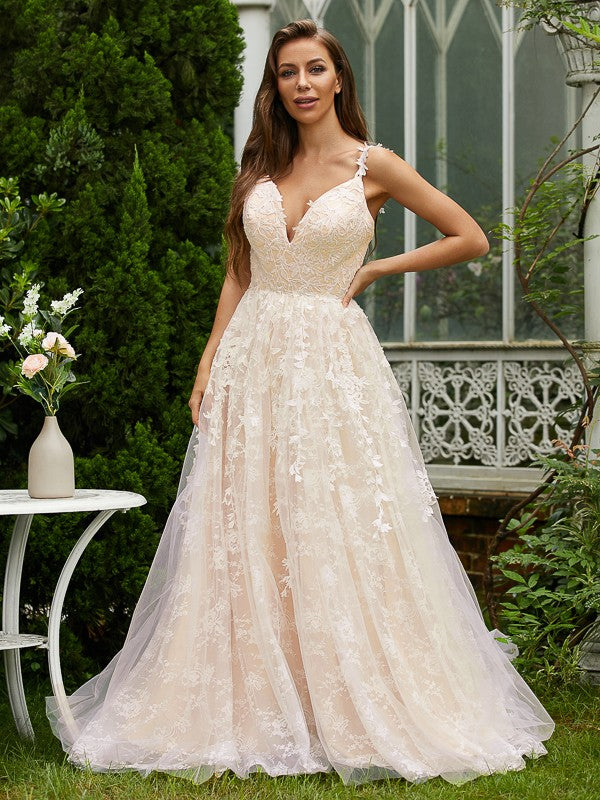 A-Line/Princess V-neck Sleeveless Sweep/Brush Train Dresses