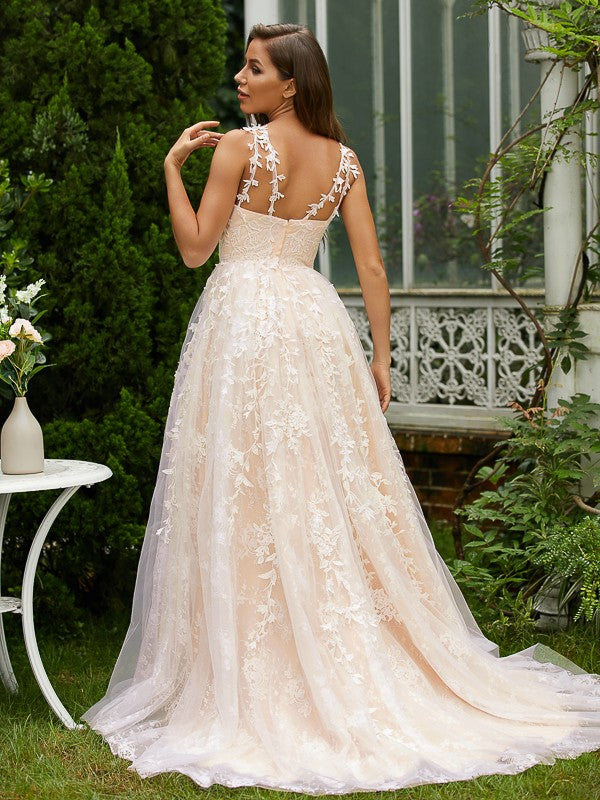 A-Line/Princess V-neck Sleeveless Sweep/Brush Train Dresses