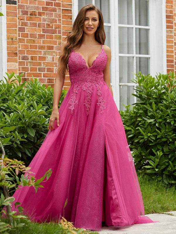 A-Line/Princess Applique V-neck Sleeveless Sweep/Brush Train Dresses