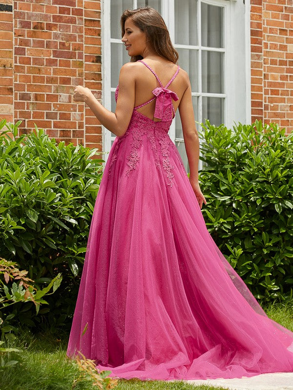 A-Line/Princess Applique V-neck Sleeveless Sweep/Brush Train Dresses