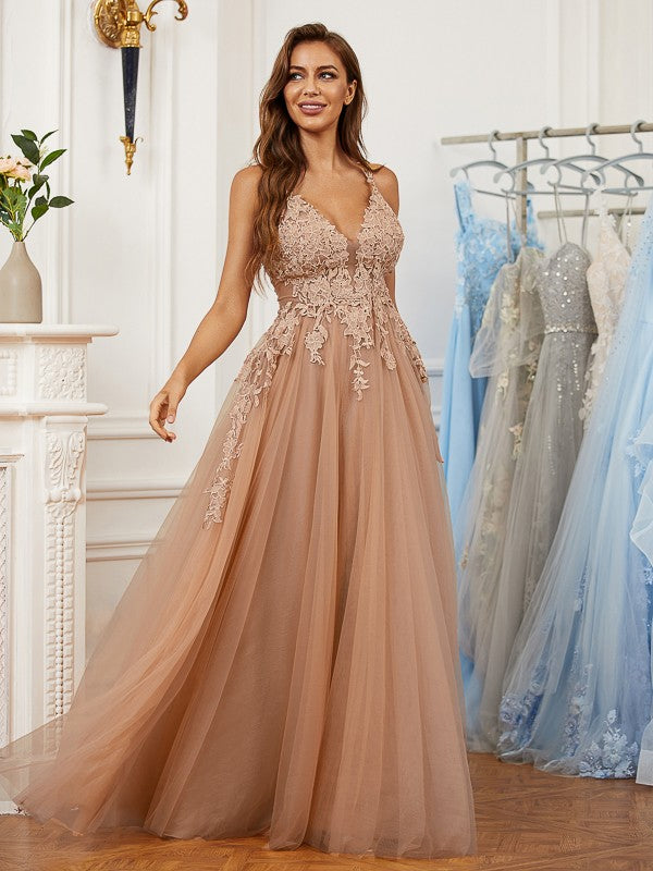 A-Line/Princess Applique V-neck Sleeveless Floor-Length Dresses