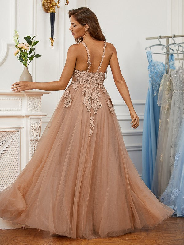 A-Line/Princess Applique V-neck Sleeveless Floor-Length Dresses