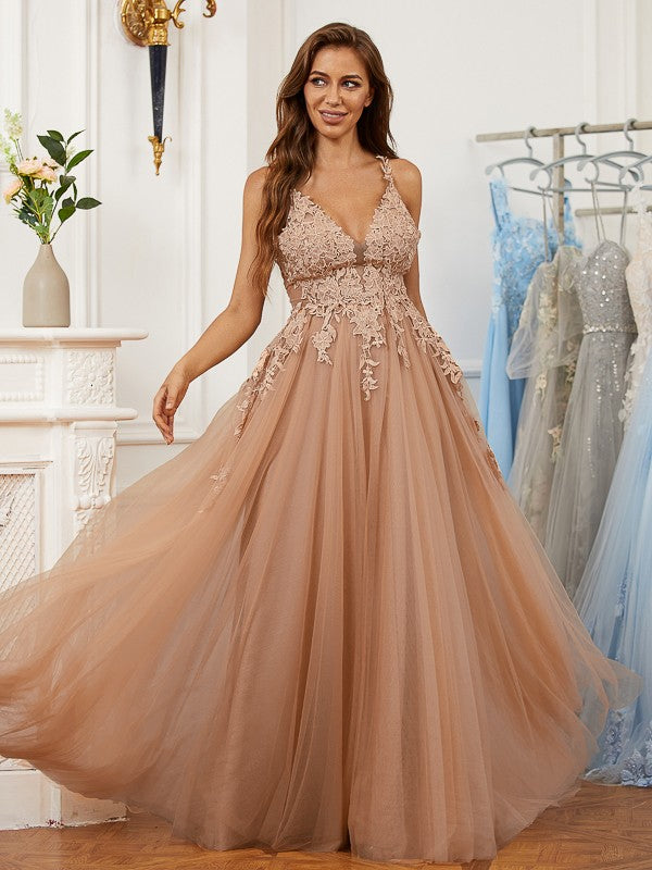 A-Line/Princess Applique V-neck Sleeveless Floor-Length Dresses