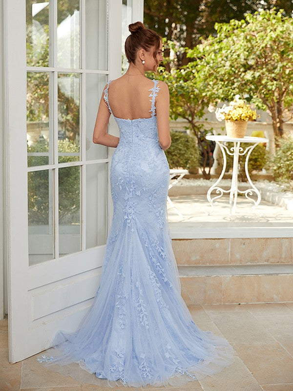 Sheath/Column Applique V-neck Sleeveless Sweep/Brush Train Dresses