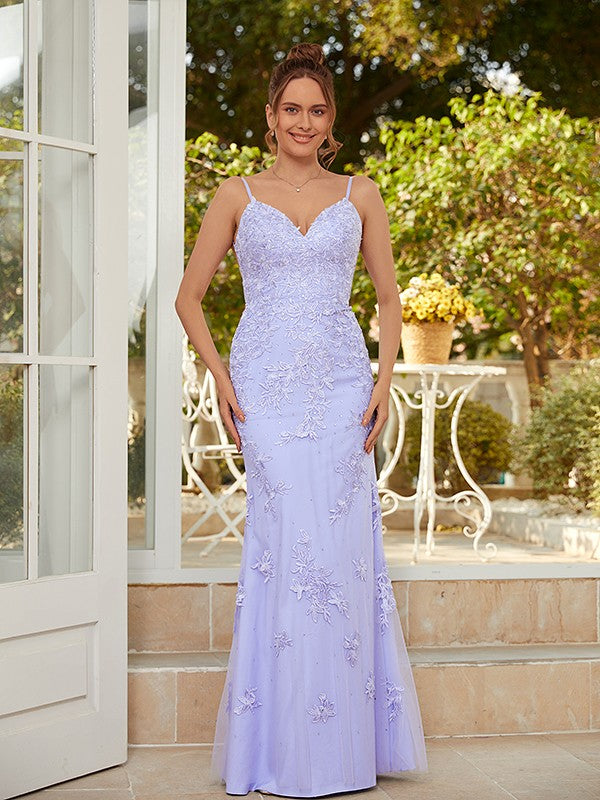 Sheath/Column Applique V-neck Sleeveless Floor-Length Dresses