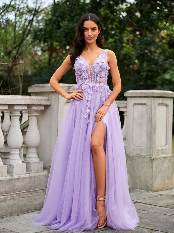 A-Line/Princess Applique V-neck Sleeveless Floor-Length Dresses