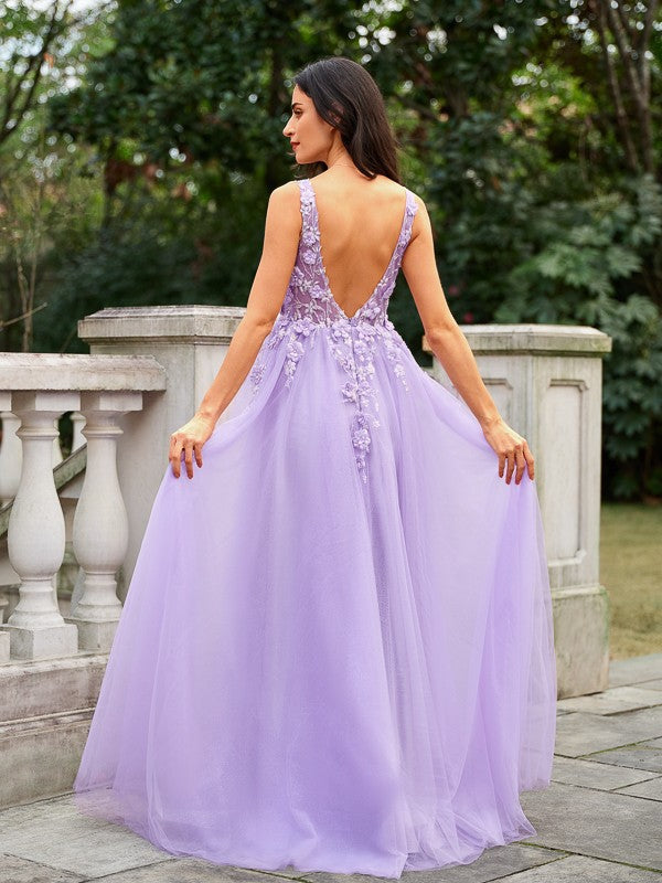 A-Line/Princess Applique V-neck Sleeveless Floor-Length Dresses