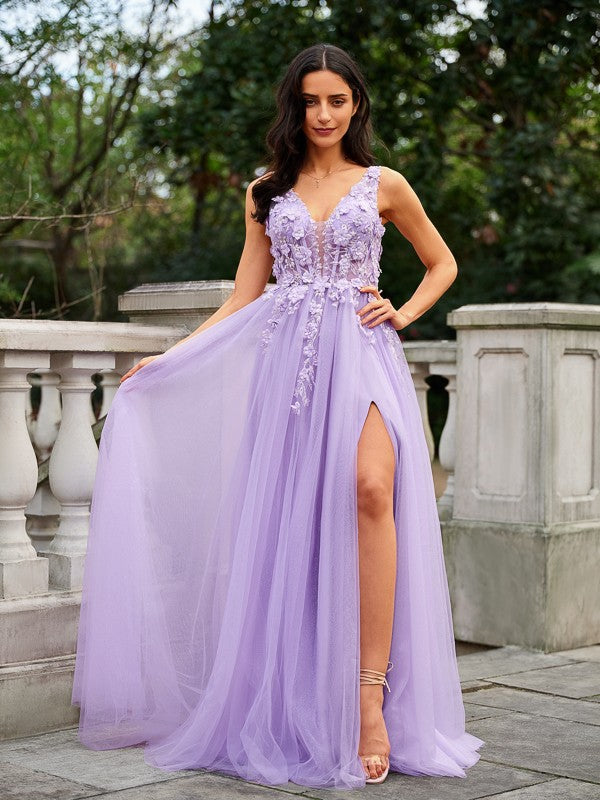A-Line/Princess Applique V-neck Sleeveless Floor-Length Dresses