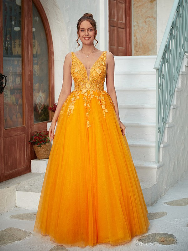 A-Line/Princess Applique V-neck Sleeveless Floor-Length Dresses