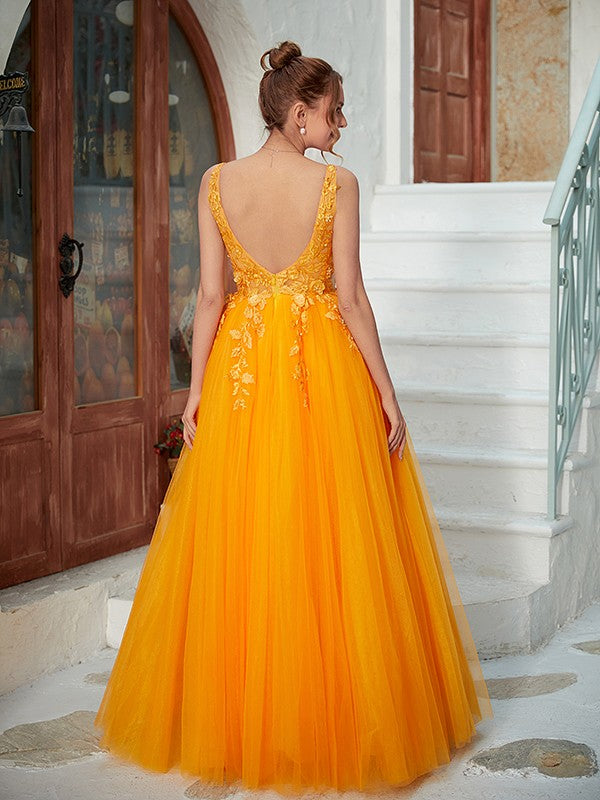A-Line/Princess Applique V-neck Sleeveless Floor-Length Dresses