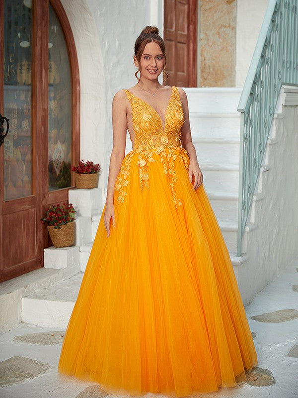 A-Line/Princess Applique V-neck Sleeveless Floor-Length Dresses