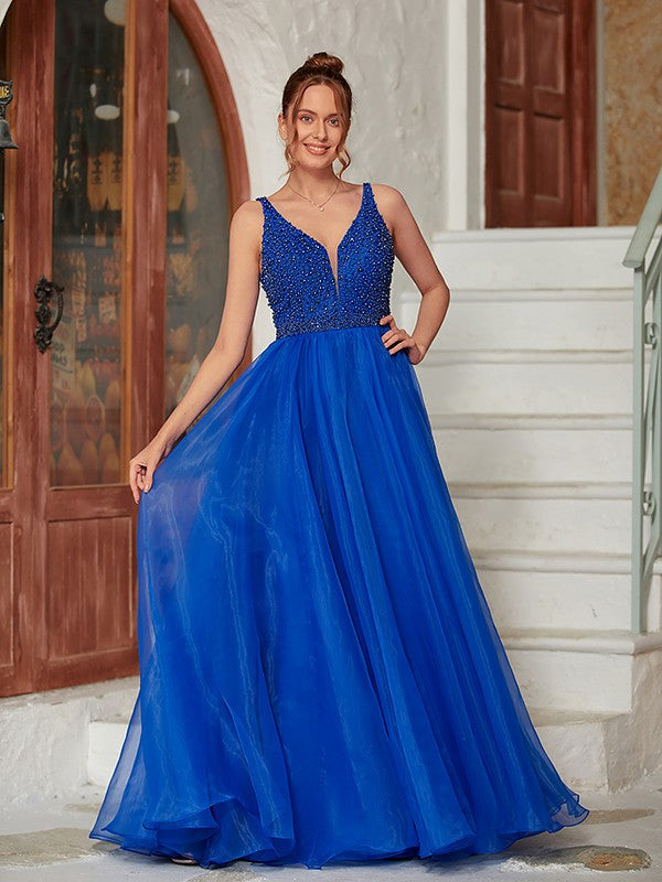 A-Line/Princess Beading V-neck Sleeveless Floor-Length Dresses