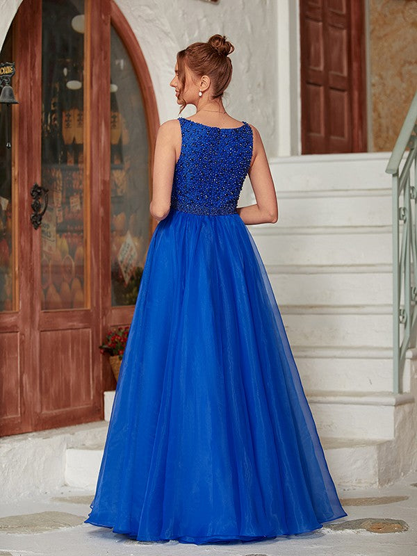 A-Line/Princess Beading V-neck Sleeveless Floor-Length Dresses