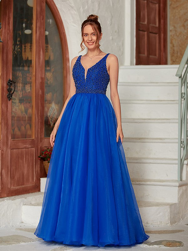 A-Line/Princess Beading V-neck Sleeveless Floor-Length Dresses