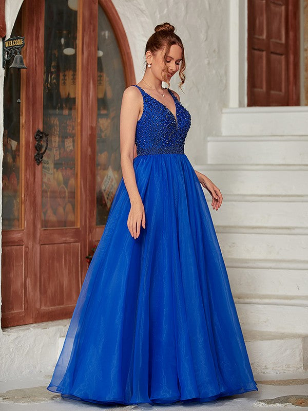 A-Line/Princess Beading V-neck Sleeveless Floor-Length Dresses