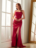 Sheath/Column Elastic Woven Ruched Spaghetti Straps Sleeveless Sweep/Brush Train Dresses