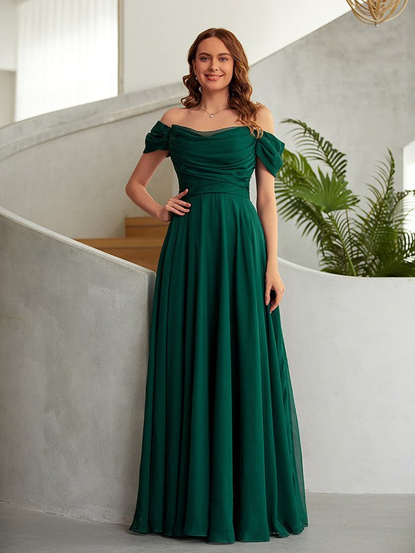 A-Line/Princess 30D Ruched Off-the-Shoulder Sleeveless Floor-Length Dresses