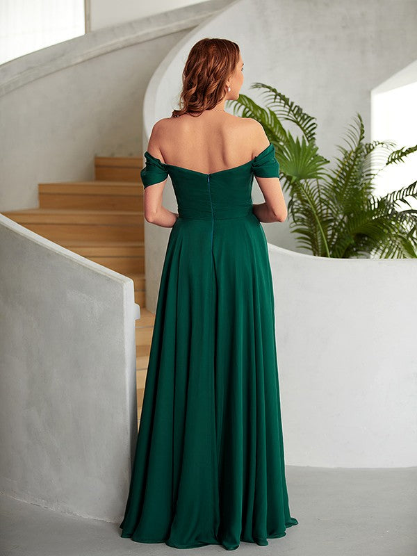 A-Line/Princess 30D Ruched Off-the-Shoulder Sleeveless Floor-Length Dresses