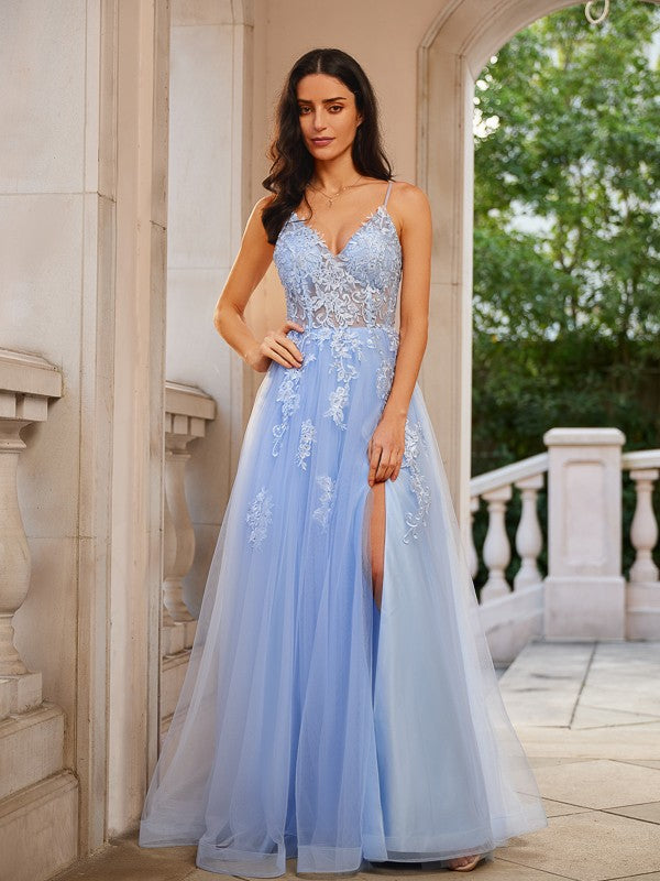A-Line/Princess Applique V-neck Sleeveless Floor-Length Dresses
