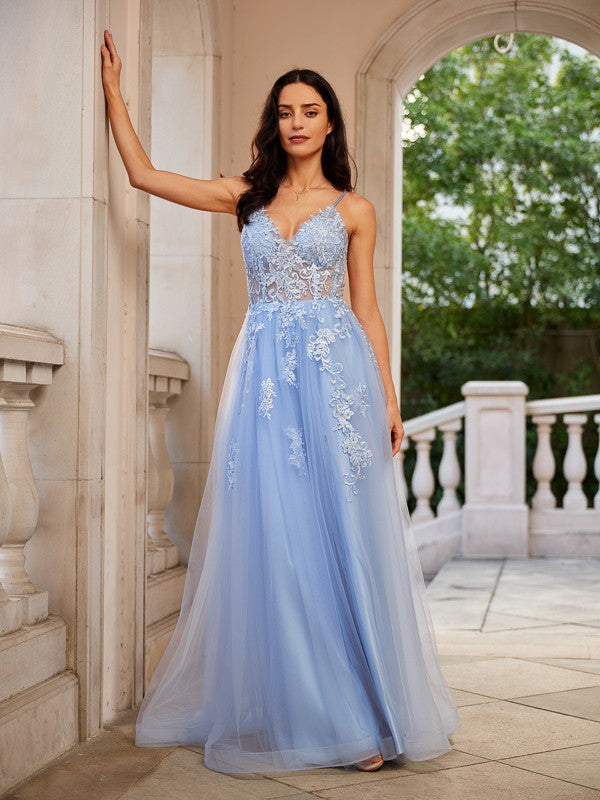 A-Line/Princess Applique V-neck Sleeveless Floor-Length Dresses