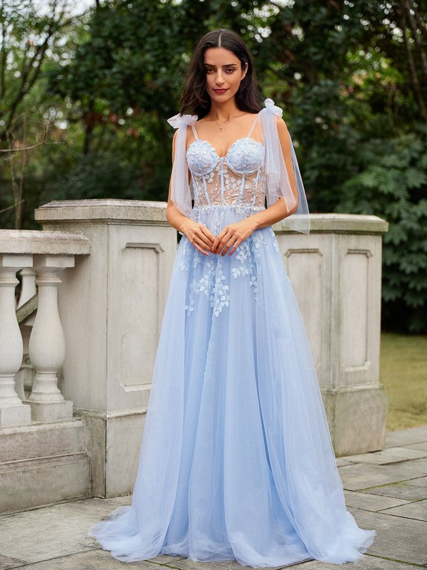 A-Line/Princess Applique Straps Sleeveless Sweep/Brush Train Dresses