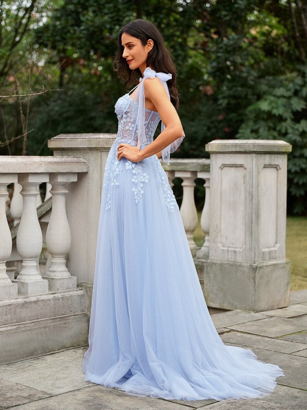 A-Line/Princess Applique Straps Sleeveless Sweep/Brush Train Dresses